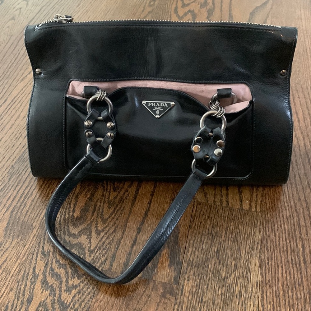 Authentic Prada Soft Calf Screw Black Leather Shoulder Tote Bag